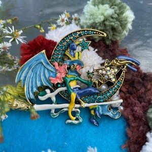 Witch Brooch Moon Raven Cat Spooky
